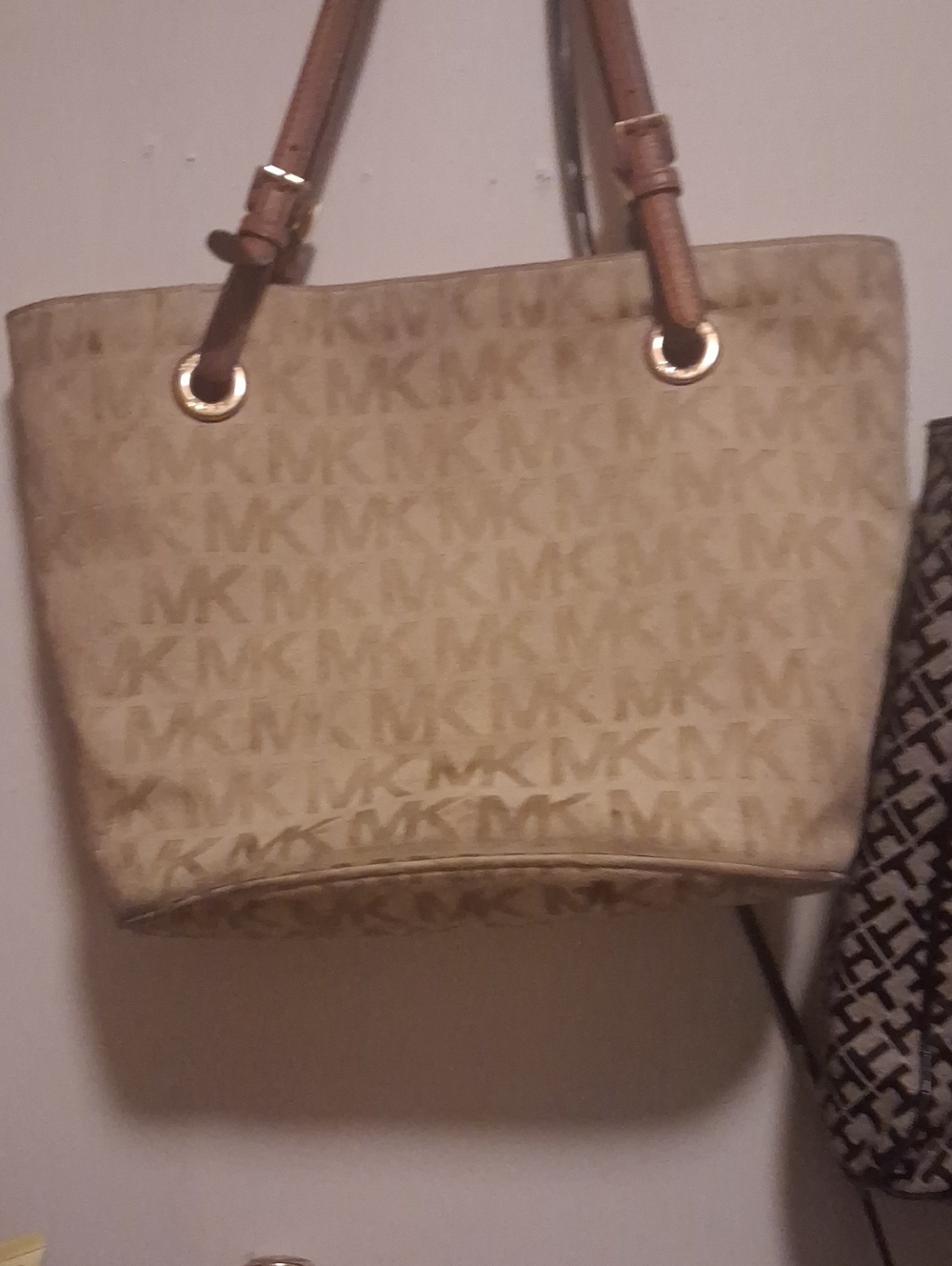 Michael Kors Beige Tan MK Logo Tote with Gold Hardware